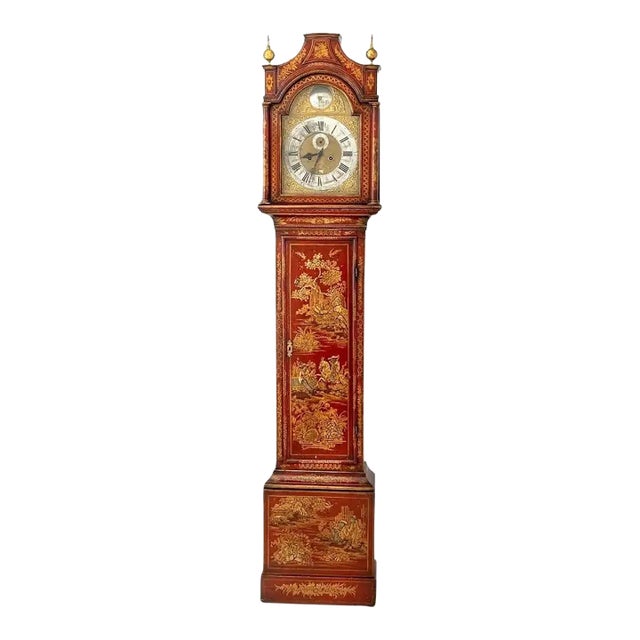 18th Century George II Scarlet Red Lacquer Chinoiserie Tall Clock For Sale