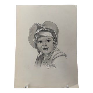 1940s Original Signed Graphite Illustration of Smiling Child in Bonnet, 11 × 8.5 In. For Sale