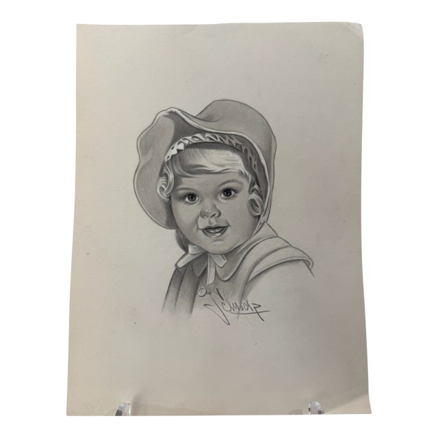 1940s Original Signed Graphite Illustration of Smiling Child in Bonnet, 11 × 8.5 In. For Sale