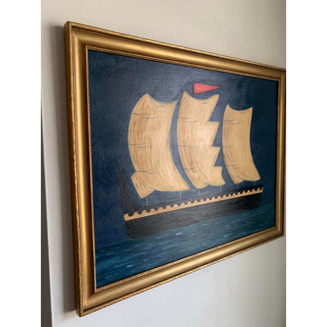 A larger-scale maritime seascape rendered in a deep navy palette, featuring a black vessel set against a saturated sky and...