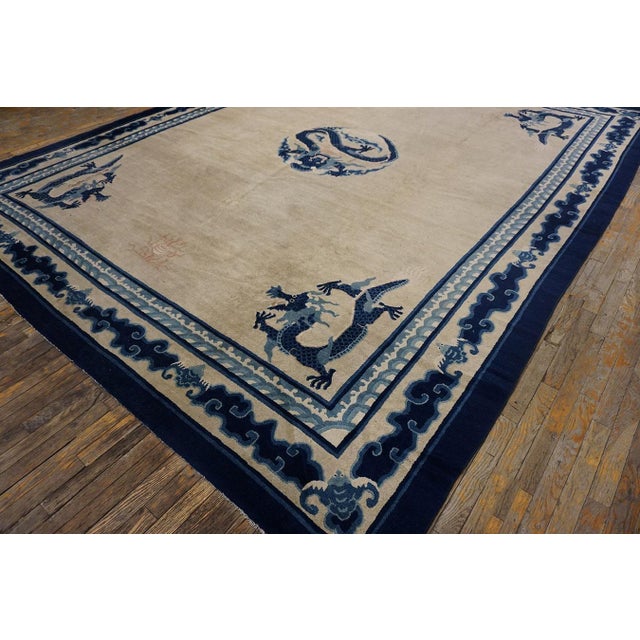 1890s Ivory Blue Open Antique Chinese Peking Dragon Carpet 10'2"x12'8" Wool Rug For Sale In New York - Image 6 of 8