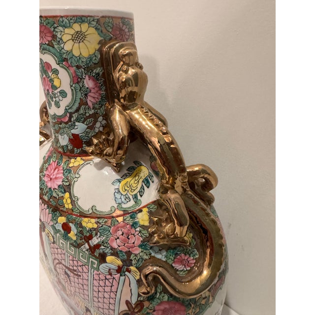 Vintage Famille Rose Moon Flask Vase With Gilt Dragon Handles For Sale - Image 10 of 12