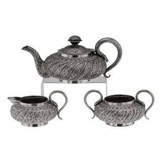 19th Century Antique Indian Kutch Silver Tea Service, Set of 3 For Sale