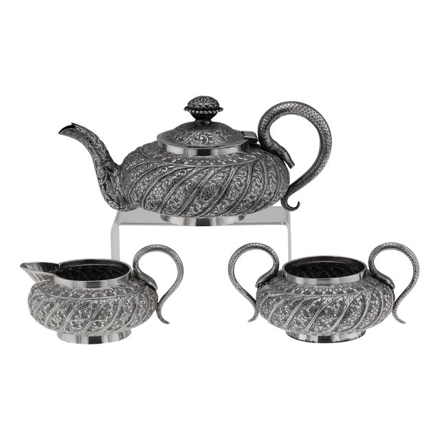 19th Century Antique Indian Kutch Silver Tea Service, Set of 3 For Sale