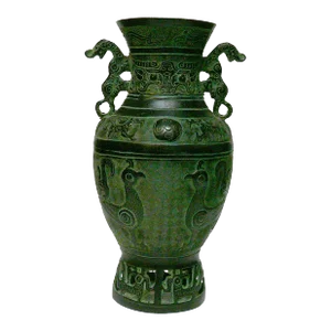 Chinese Old Dynasty Green Bronze Dragons and Birds Pattern Ceremonial Vase