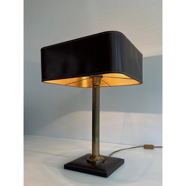 Brown Leather and Brass Desk Lamp in the Style of Jacques Adnet For Sale - Image 6 of 12