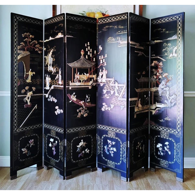 Chinese Mid 20th Century Chinese Export Six Panel Carved Soapstone Coromandel Screen For Sale - Image 3 of 16