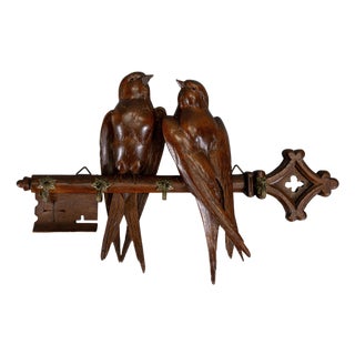 Antique Black Forest Carved Wood Wall Key Holder with Swallow Birds, ca. 1910s For Sale