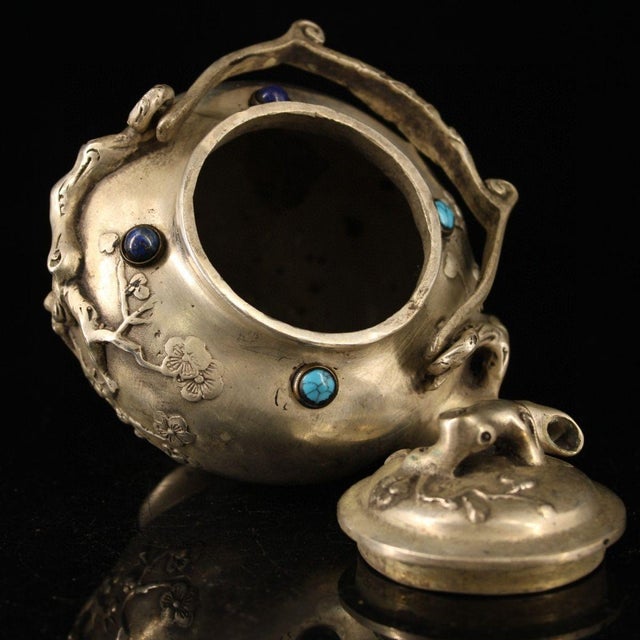 Silvered Bronze Overhead-Handle Teapot — Plum Blossom Branch Relief With Inlaid Stones, Bird-Head Spout For Sale - Image 4 of 9