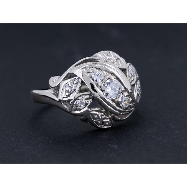 Metal Vintage Art Nouveau Diamond Engagement 14k White Gold Anniversary Ring Size 4.25 For Sale - Image 7 of 8