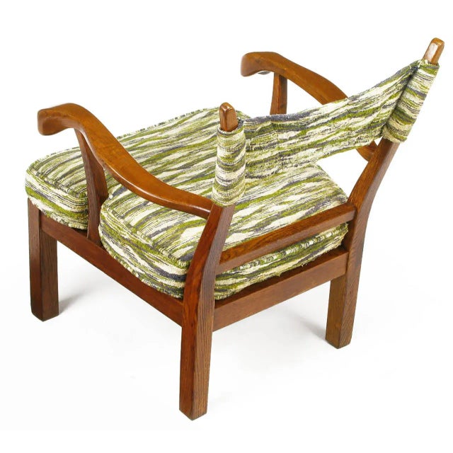 1950s Studio Carved Oak Armchair in Liebes Style Fabric For Sale - Image 5 of 11