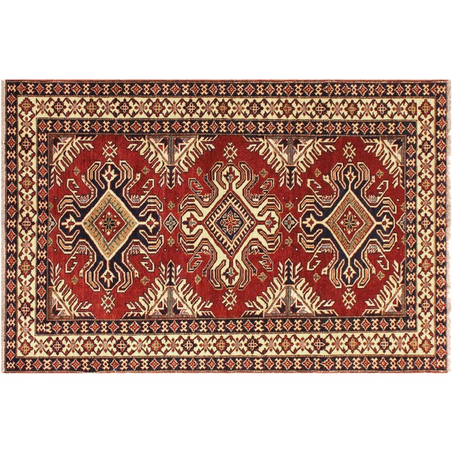 Bohemian Super Kazak Red/Beige Wool Rug - 4'1'' X 6'0'' For Sale - Image 9 of 10