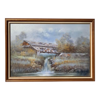 Blue Waterfall Painting In. Wood Frame For Sale