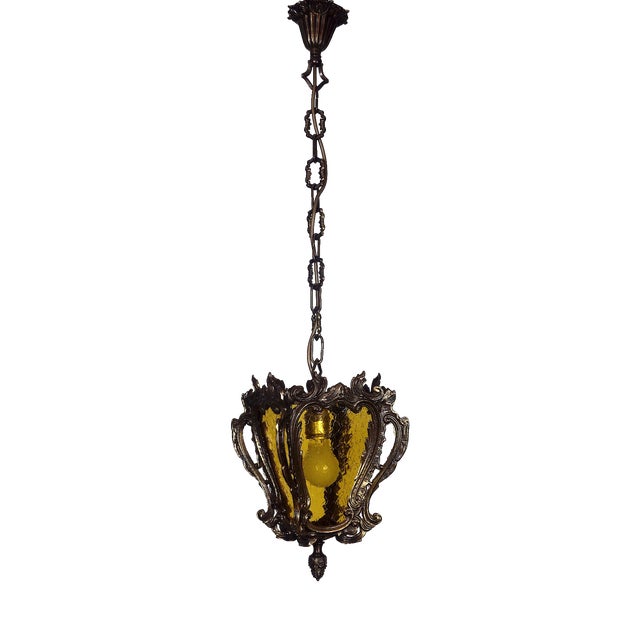 Antique Brass Glass Chandelier, 1930s For Sale
