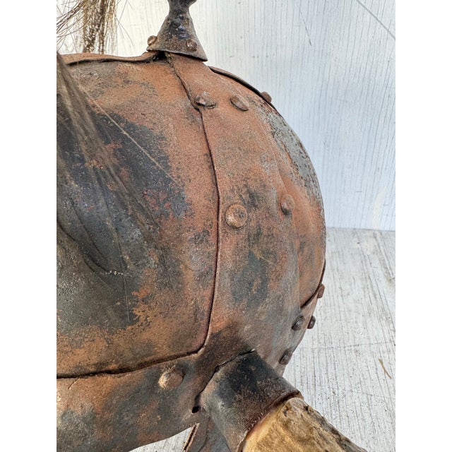 Unusual Vintage Riveted Steel Horn and Leather Viking Helmet For Sale In West Palm - Image 6 of 8