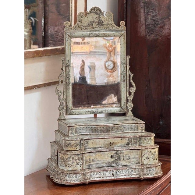 Exceptional 18th Century Venetian dressing table mirror / table top vanity, paint decorated all over, top crest over...