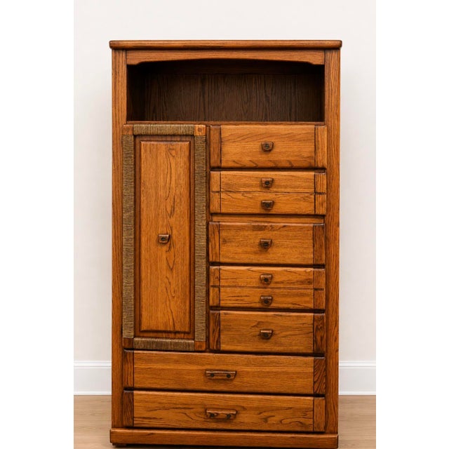 Vintage Harrison Solid Oak Gentleman’s Chest and Queen Headboard & Bed Frame Set For Sale - Image 4 of 11