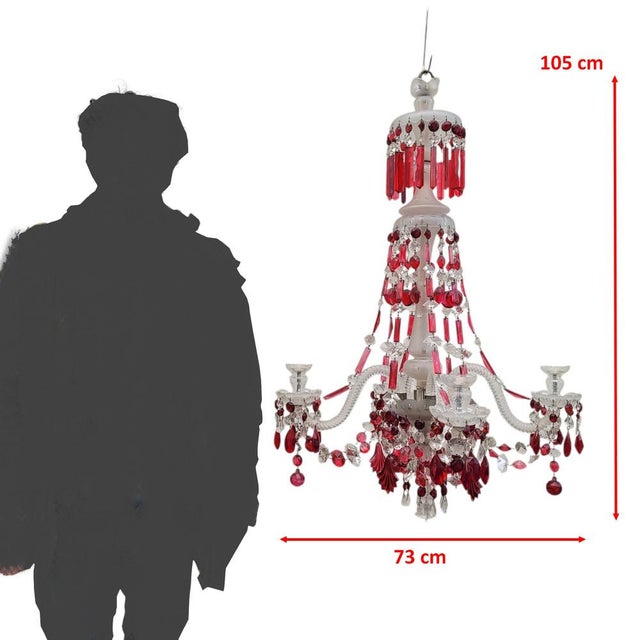 Bohemian crystal chandelier in ruby ​​red and clear (matte and polished) Four-light chandelier, wiring required Good...