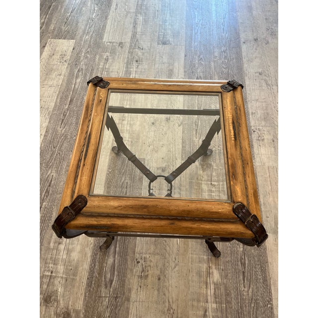 Hollywood Regency Jacques Adnet, Hermès Style Forged Iron & Wood Equestrian Buckle Side Table For Sale - Image 3 of 6