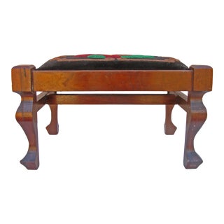 Victorian / Eastlake Mahogany Footstool W/ Crewel Needlepoint For Sale