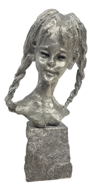 Antique Metal Sculpture of Girl with Braids, 1950s