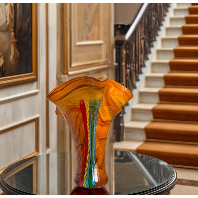. This Massive Murano "Missoni" Style Hand-Blown Art Glass Handkerchief Vase showcases a richly marbleized background of...