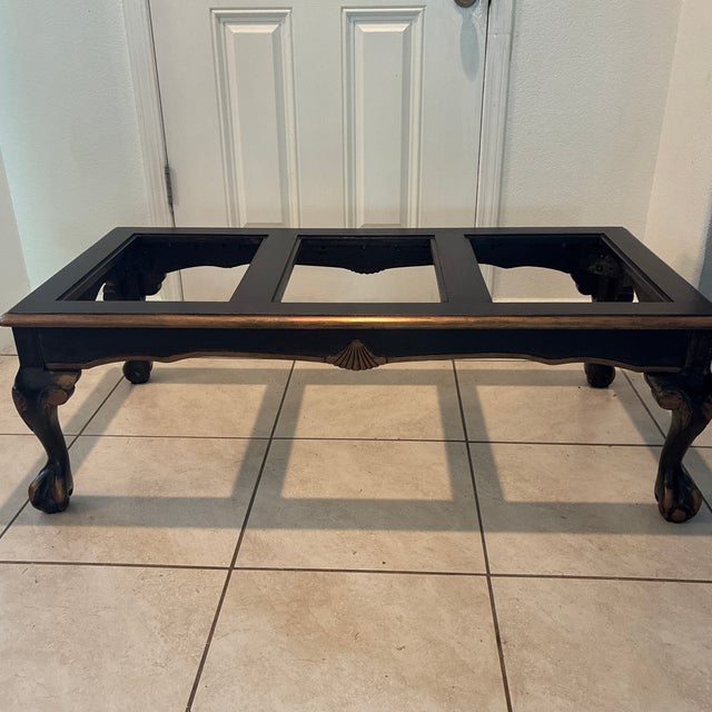 Blackened Walnut Coffee Table With Clear Glass Panels, Carved Shell Motifs & Cabriole Legs For Sale - Image 11 of 12