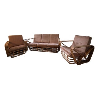 Vintage Six-Strand Square Pretzel Rattan Sofa + Pair of Lounge Chairs, Style of Paul Frankl For Sale