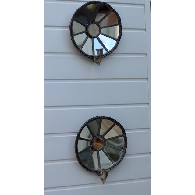Vintage Sun Mirror Sconces in Pewter, Set of 2 For Sale - Image 6 of 11