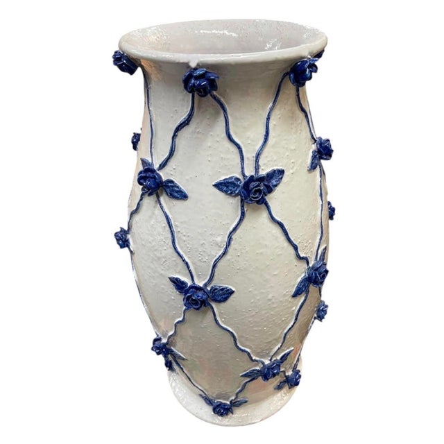 Vintage Italian Hand-Crafted Ceramic Lattice & Cobalt Blue Rose Urn Vase For Sale - Image 4 of 12