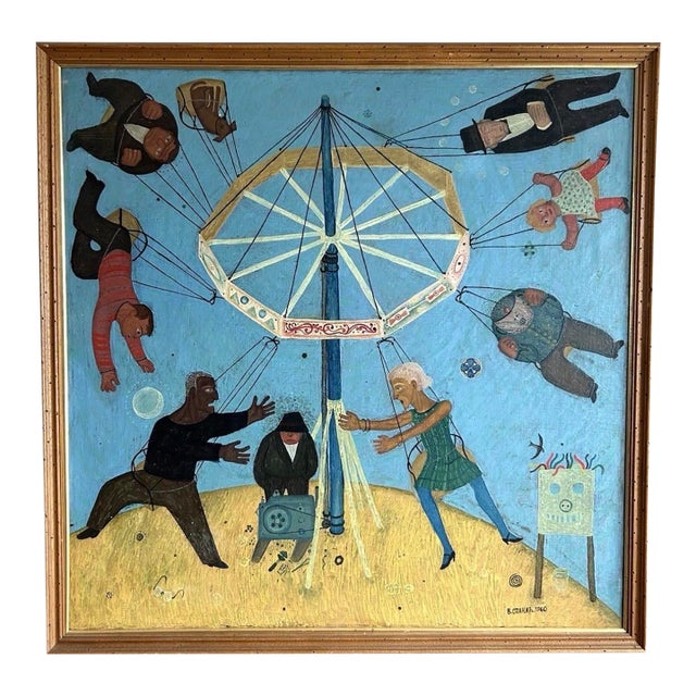 1960s Vojislav "Vojo" Stanić (Montenegro, 1924-2024) Original Oil on Canvas Folk Art Carousel Scene Dated 1960 For Sale