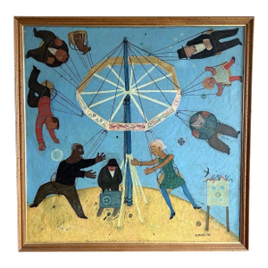 1960s Vojislav "Vojo" Stanić (Montenegro, 1924-2024) Original Oil on Canvas Folk Art Carousel Scene Dated 1960