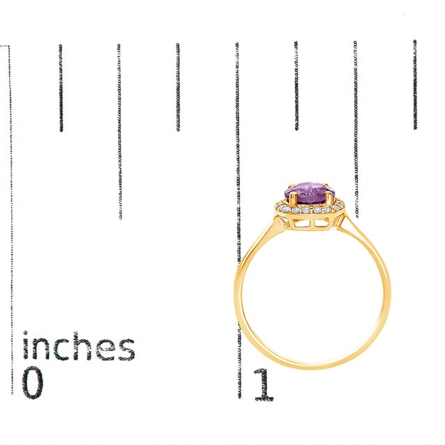 Metal 10K Yellow Gold Purple Amethyst and 1/10 Cttw Diamond Halo Ring For Sale - Image 7 of 7