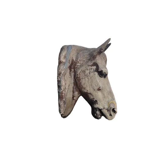 Gorgeous life-size old horse head, made of heavy resin 11.5 kg. with beautiful old and partially worn layers of paint in...