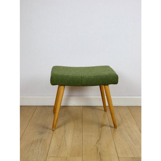Large Olive Bouclé Stool with Round Beech Legs, 1970s For Sale - Image 3 of 7