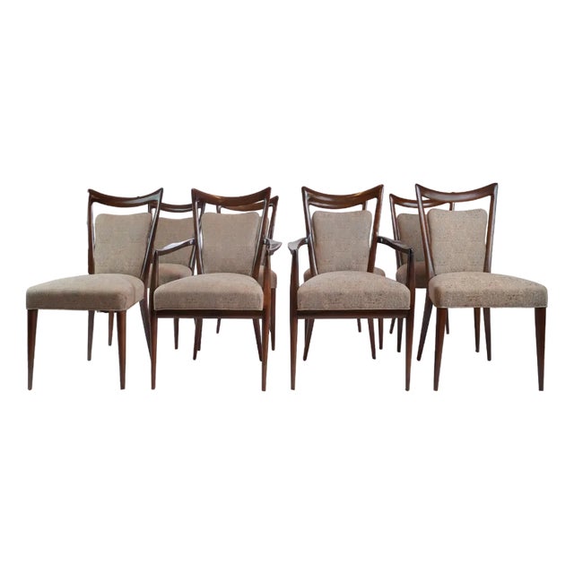 Melchiorre Bega and Mario Gottardi Attributed Walnut Italian Dining Chairs, Set of 8 with 2 Arm Chairs For Sale