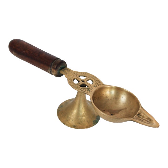 Vintage Brass Oil Lamp or Diya With a Wooden Handle For Sale