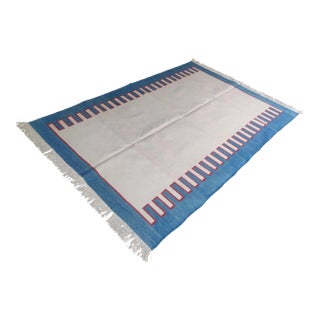 Handmade Cotton Key Rug, White with Red and Sky Blue Border 8'x10' For Sale