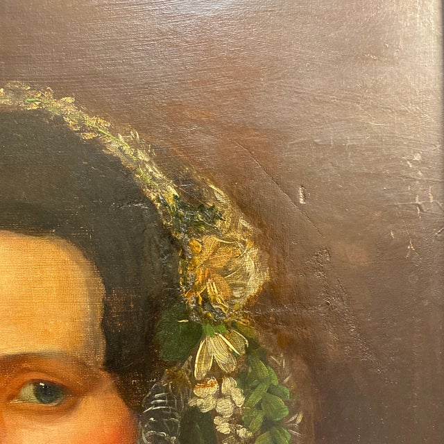 Antique 19th Century American Folk Portrait of Woman in Lace Cap, Original Oil on Canvas For Sale In Richmond - Image 6 of 12