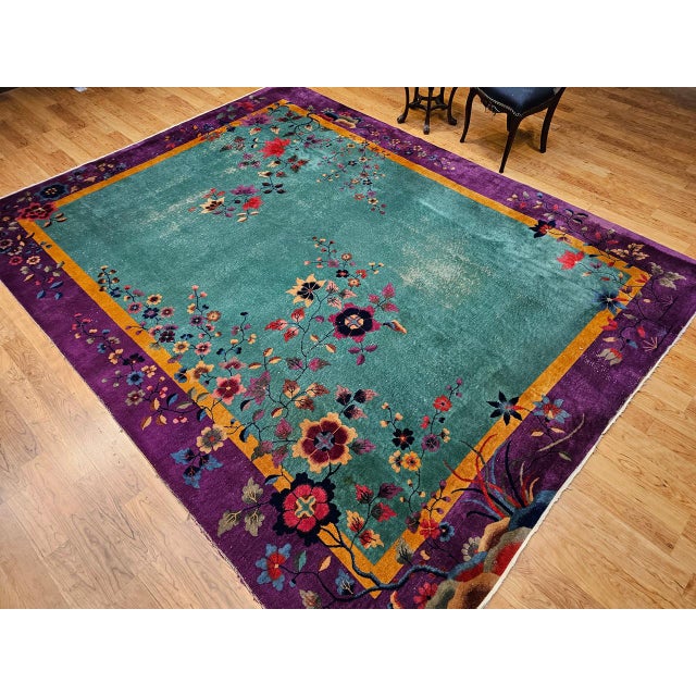 1900 - 1909 Vintage Art Deco Chinese Rug, Hand-Knotted Wool, Floral Motif, Turquoise & Purple, 9x12 For Sale - Image 5 of 18