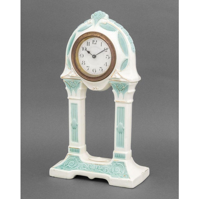 White German Art Deco Blue & White Ceramic Mantle Clock For Sale - Image 8 of 10