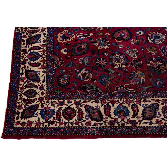 Mashad Handmade Allover Floral Red Wool Rug For Sale - Image 4 of 11
