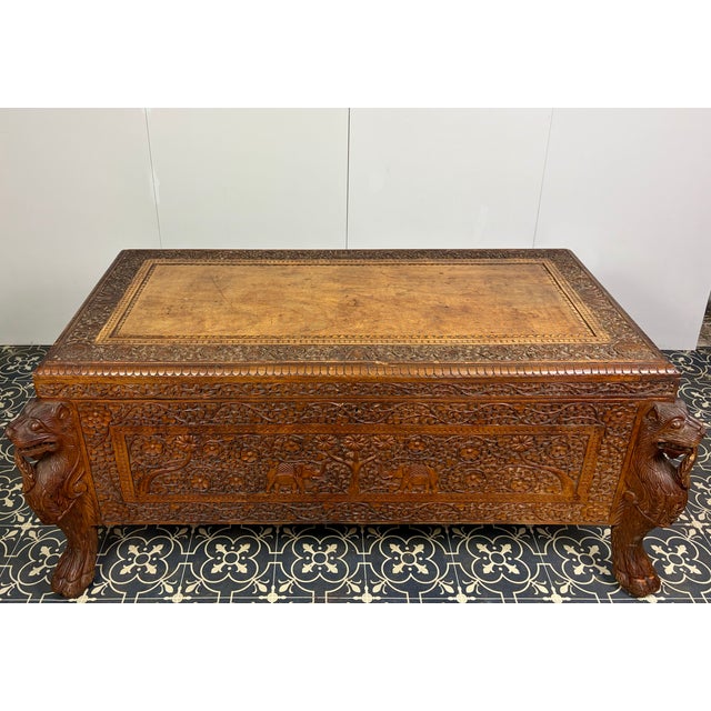 Antique Hand-Carved Indian Exotic Hardwood Dowry Chest, 1890s For Sale - Image 4 of 18