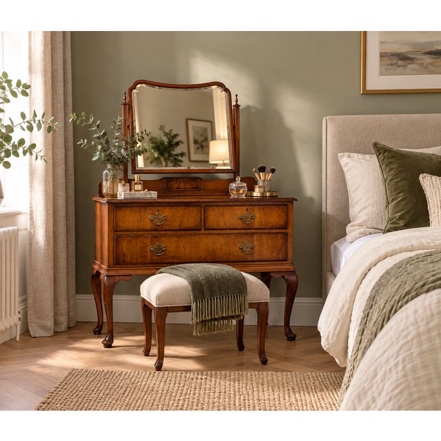 Vintage walnut dressing table by renowned British makers Waring & Gillow, circa 1930s. Featuring beautifully figured...
