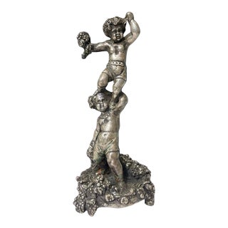 Antique Italian Silvered Cherubs Candlestick Holder For Sale