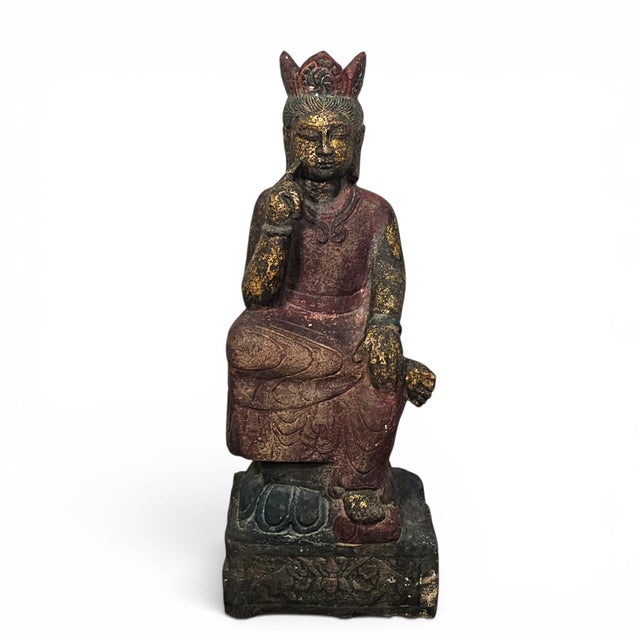 Rustic Asian Polychrome Seated Bodhisattva Sculpture on Lotus Base 23" For Sale - Image 3 of 17