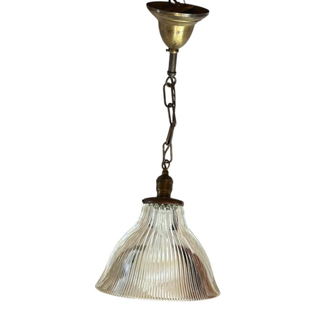 American Holophane Flat Bottom Shade on Original Old Brass Holder, Circa 1920 For Sale - Image 3 of 5
