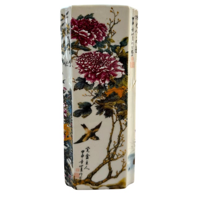 Chinese Vintage Chinese Famille Rose Bird & Flower Porcelain Square Vase With Qianlong Mark For Sale - Image 3 of 10