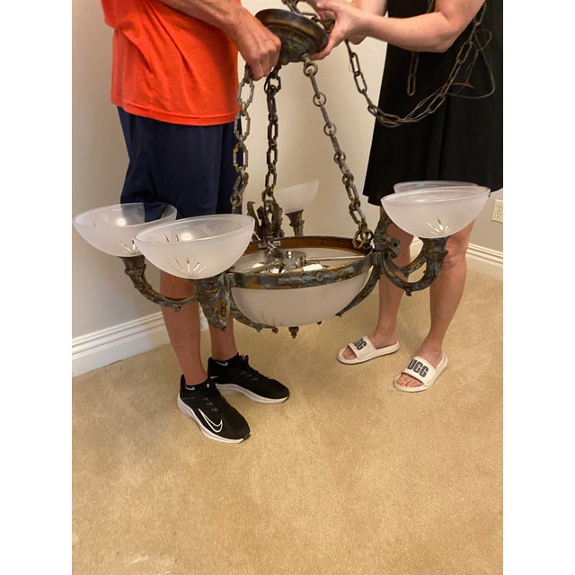 Late 20th Century Neo-Classical Cast Bronze Chandelier With Frosted Crystal Hand-Cut Globes For Sale - Image 12 of 13