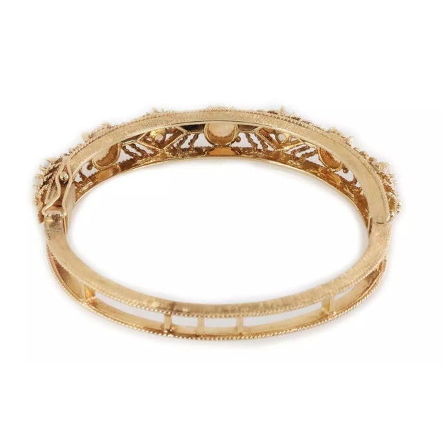 Contemporary Fire Opal 14k Yellow Gold Fancy Textured Floral Bangle Bracelet For Sale - Image 3 of 6